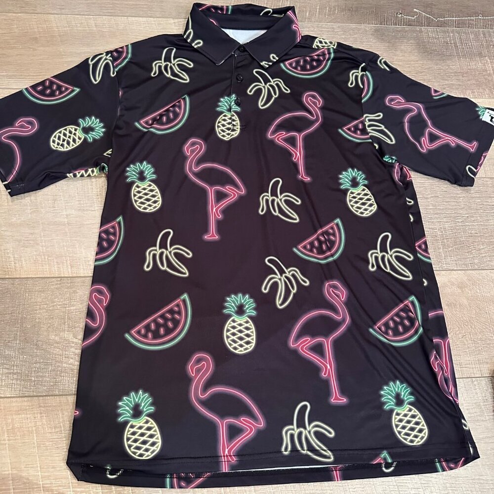 PROUD 90 GOLF IS FUN MENS LARGE DRI FIT POLO PINEAPPLES FLAMINGOS